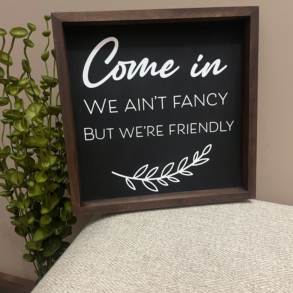 Friendly Welcome Sign with Brown Frame